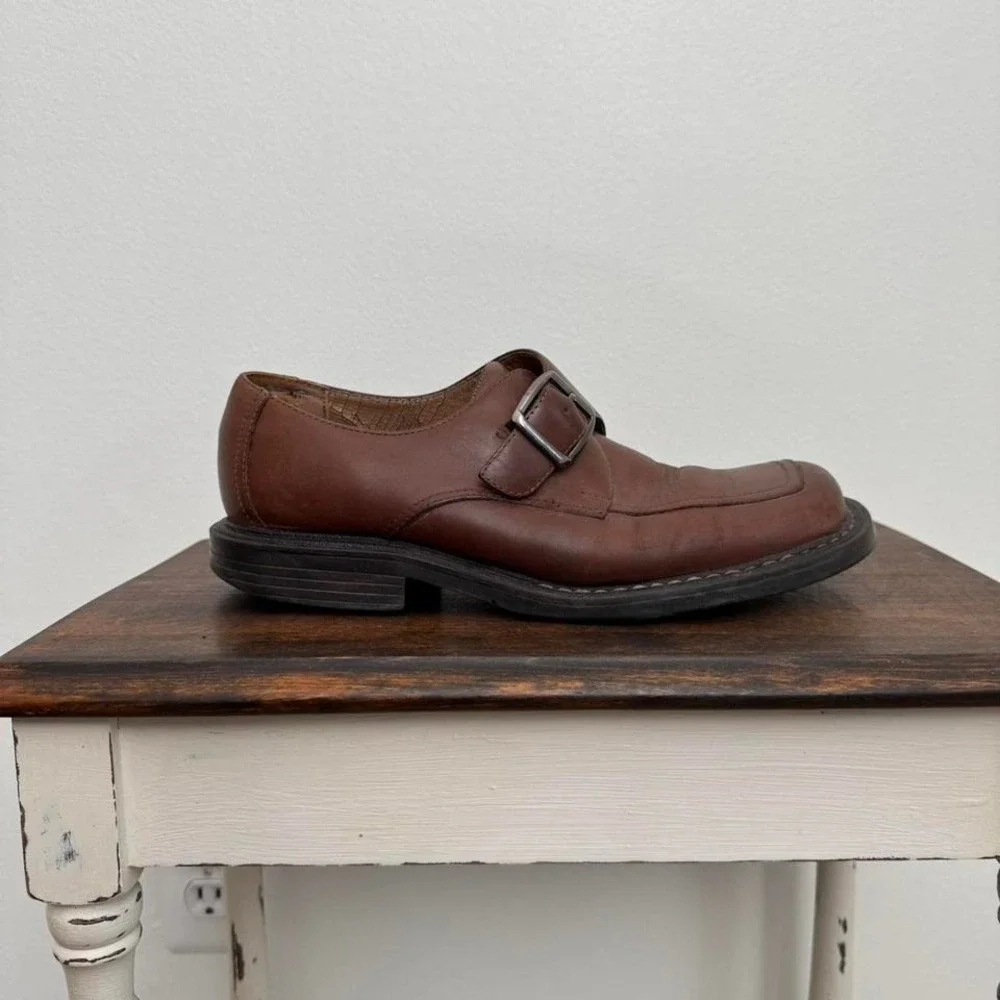 90s‎ Brown Square Toe Belt Buckle Shoe Genuine Leather 8.5